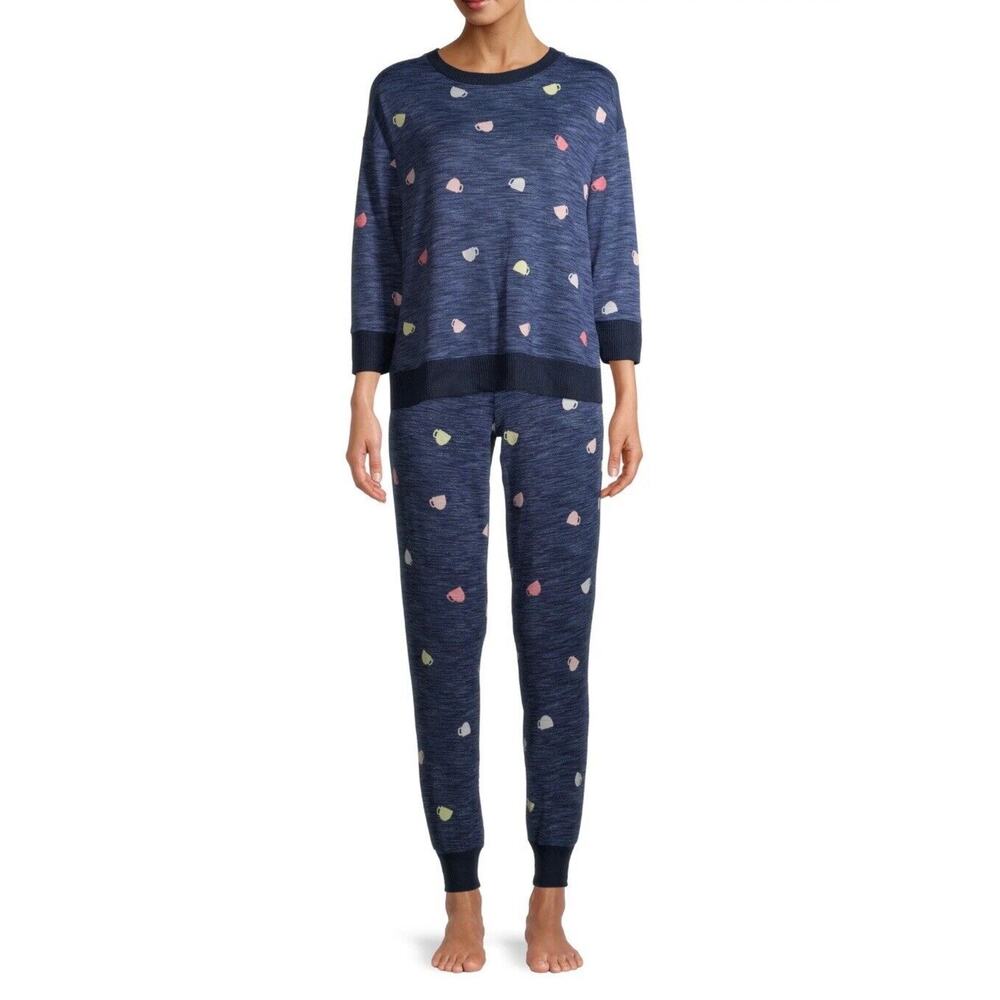Womens Pajama Set Size Medium Navy Blue Coffee Cups Pastels 2 Piece Long sleeve - Picture 2 of 10